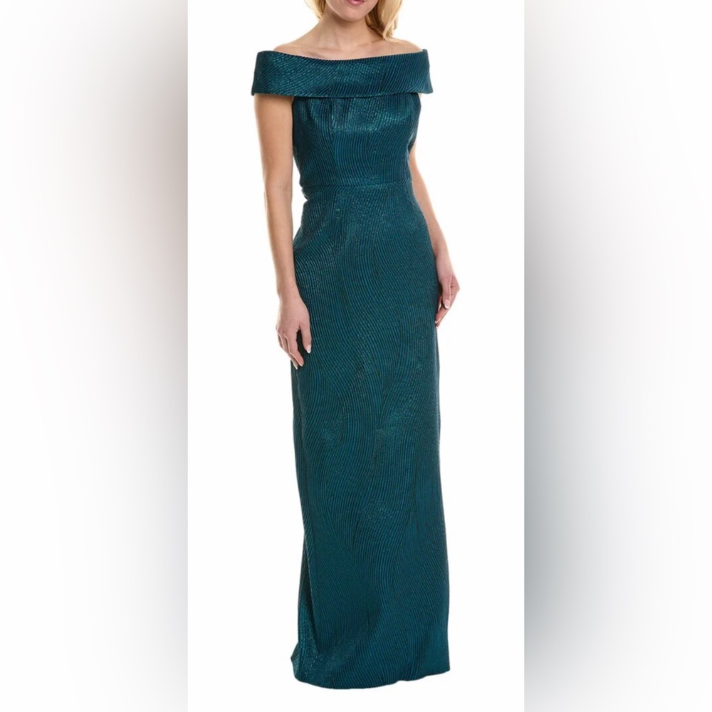 Teri Jon for Rickie Freeman Teal Off The Shoulder Long Dress Gown